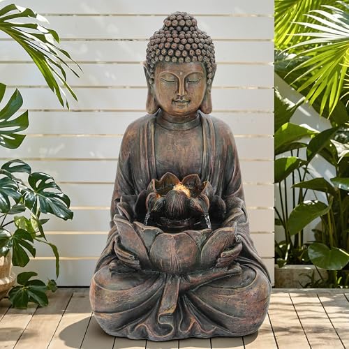 29" Zen Meditating Buddha Statue Outdoor Fountain with LED Lights