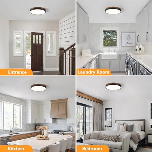 Modern Walnut Wood Black Flush Mount Ceiling Light 11.81 Inch