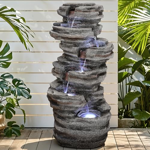 6 Tier Rock Outdoor Water Fountain with LED Lights