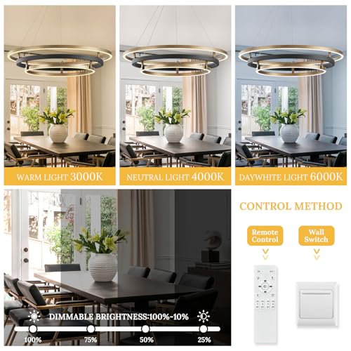 3 Ring LED Chandelier Modern Chandeliers Black Gold Brass Dimmable 31''