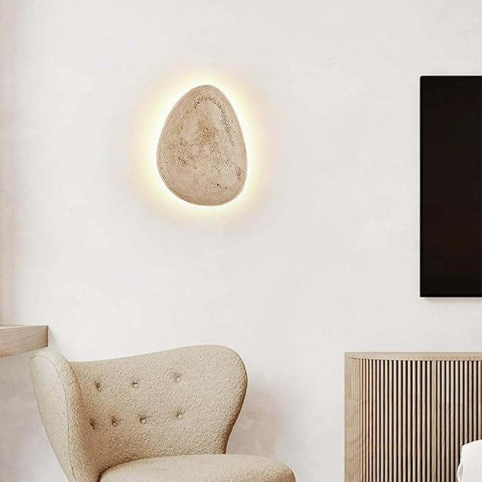 Wabi-Sabi Art Lighting Fixture, Japanese Style Natural Stone Wall Light, Cobblestone Shape Yellow Travertine Wall Sconce, 7W LED Warm Light 3000K Wall Lamp for Bedside Bedroom Living Room