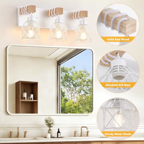 3 Light Farmhouse White Bathroom Vanity Light Fixtures