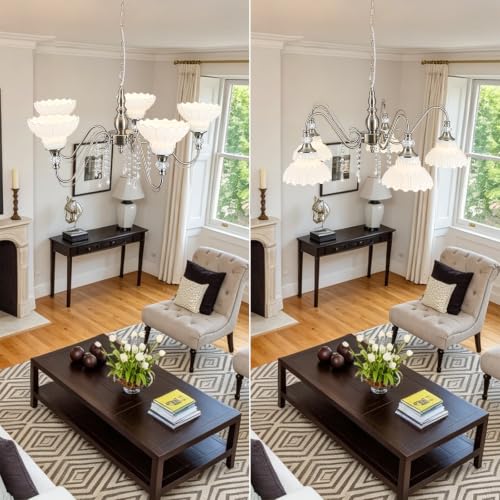 5 Light Chandelier in Brushed Nickel Finish with Flower (5-Light / Nickel and White)