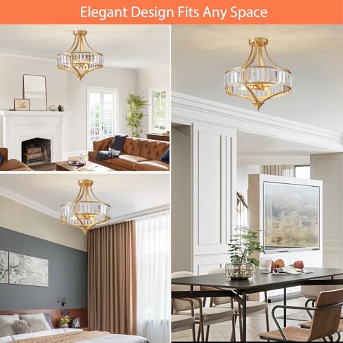 Modern Gold Crystal Chandelier 4 Lights Semi Flush Mount Ceiling Light Fixture E12 Base Farmhouse Mid Century Chandelier for Dining Room Bedroom Hallway Entryway Kitchen