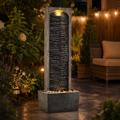 38.5" Faux Slate Contemporary Outdoor LED Waterfall Fountain with Pebble Base