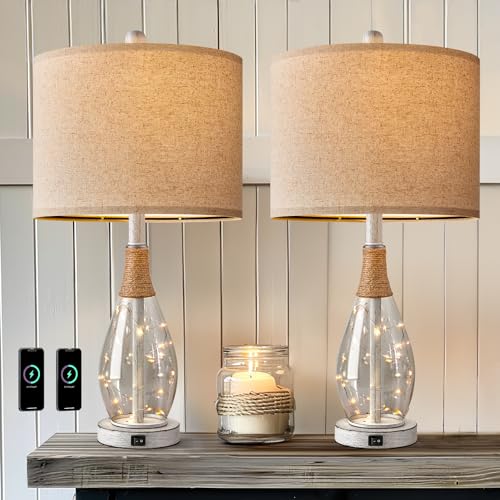 23" Table Lamps for Living Room Set of 2 Bedside Lamps for Night Stands Bedroom Lamps Farmhouse Rattan Boho Lamp Glass Nightlight End Table Lamp with USB C+A (2 Count)