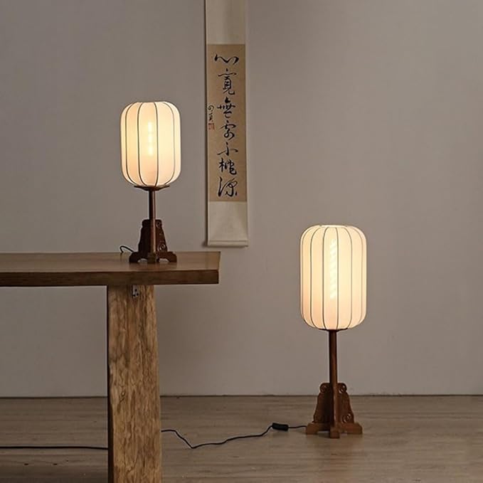 Wood Table Lamp Chinese Style Lantern Desk Light with Fabric Shade Japanese Lamp Lantern Wooden Standing Lights for Nightstand, Dresser, Living Room, Restaurant, Office