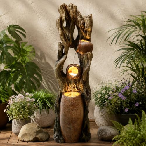 42.7" 3 Tier Outdoor Water Fountain LED Tree Trunk Jar Waterfall