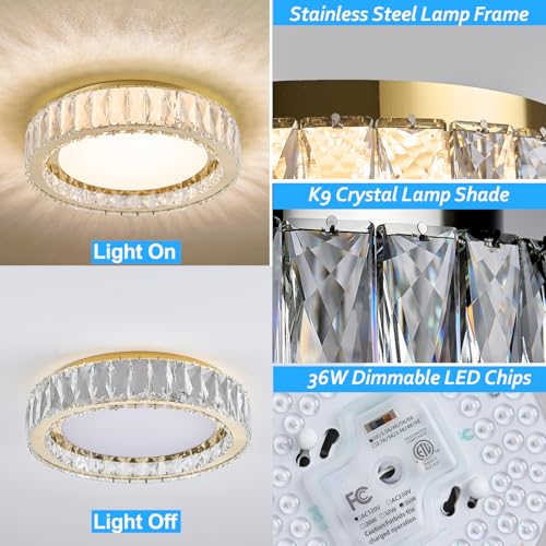 15 Inch Gold Modern Crystal Flush Mount Chandelier