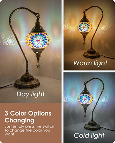 Turkish Moroccan Lamp with Bronze Base 3 Color Options Handmade Swan Neck Mosaic Glass Bedside Lamps for Bedroom