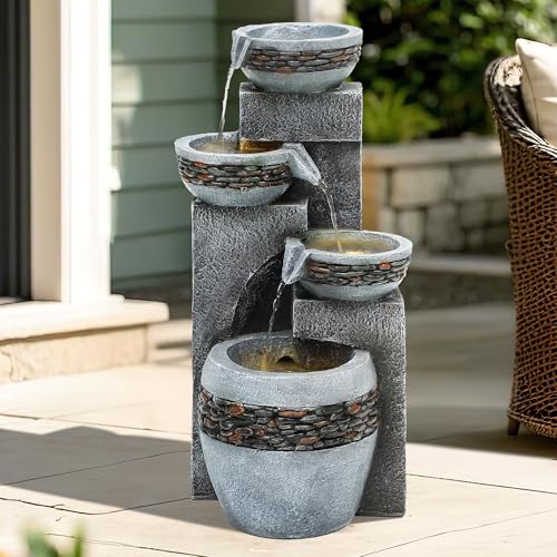 4 Tier Outdoor Water Fountain with Pebble Texture and LED Lights