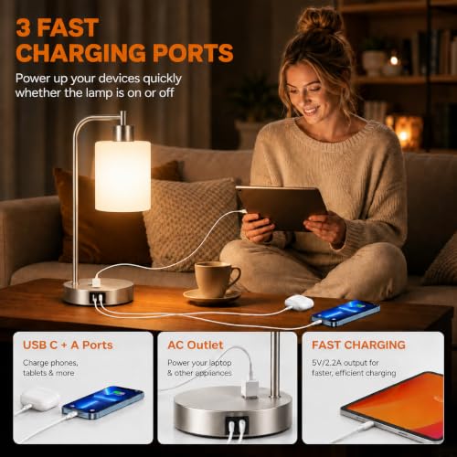 Set of 2 Industrial Touch Control Table Lamps with 2 USB Ports and AC Outlet (2 Count)