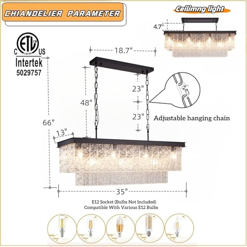 35.4" Black Rectangular Handmade Glass Chandelier Dining Room Kitchen