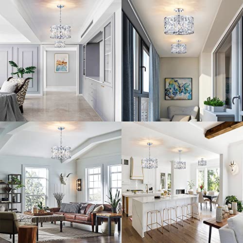 Farmhouse Crystal Convertible Chandelier and Semi Flush Mount Lighting Chrome Cylinder Drum Shade Pendant for Kitchen Island Dining Room Bedroom Hallway