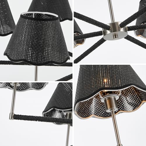 39" Boho Rattan Chandelier Large Adjustable Modern Black and Brushed Nickel Pendant Light for Kitchen Island Dining Living Room
