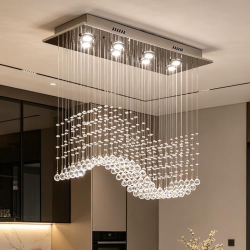 Modern Rectangular Wave Raindrop Crystal Chandelier Ceiling Light