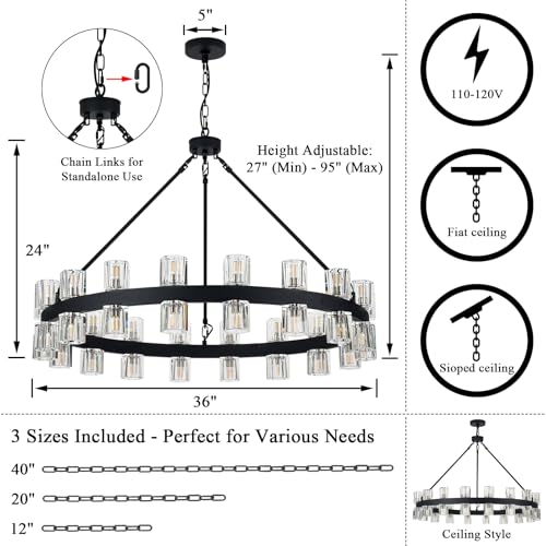 36 Inch Black Wagon Wheel Chandelier with Crystal Shade