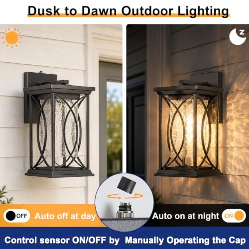 18" Extra Large Outdoor Sconce with photocell Sensor Coach Lantern Modern Large Exterior Light Fixture Waterproof Black Metal with Crack