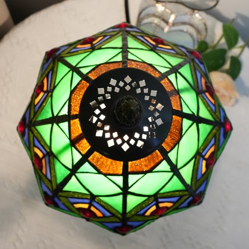 Green Small Tiffany Lamp Stained Glass Table lamp Peacock Tail Bedroom Bedside Light for Living Room Dormitory Bar Retro Style Unique Cute funky Accent Decor Cottage 8" Village gift Nightstand Lamp