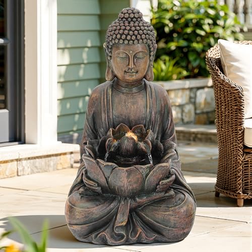 29" Zen Meditating Buddha Statue Outdoor Fountain with LED Lights