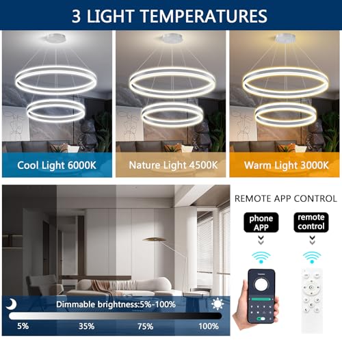 D23.6''+31.5'' Modern Ring Chandelier for Dining Room LED Dimmable Pendant Lighting High Ceiling Chandelier for Living Room Foyer Bedroom Entryway 3000K