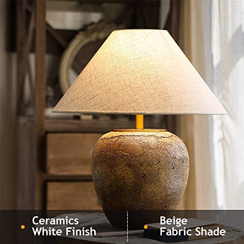 Rustic Farmhouse Clay Pot Table Vintage Distressed Ceramic Table Lamp with White Fabric Lampshade American Southwestern Textured Ceramic Lamp for Living Room Bedroom Office