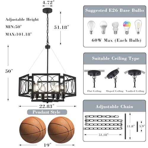 22.83'' Black Farmhouse Chandelier for Dining Room, Large Modern Industrial Geometric Pendant Lighting Fixture Adjustable Hanging Lights for Kitchen Island Foyer Hallway