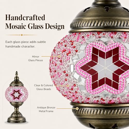Turkish Moroccan Table Lamp Lantern with Handmade Mosaic Glass Lampshade Tiffany Style Bohemian Stained Glass Decorative Desk Lamps Bedside Night Lights for Bedroom
