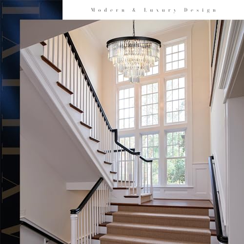 Large Crystal Chandelier Modern Black 30" Round Light Fixture Staircase