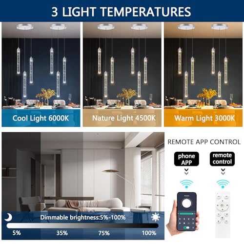 Mini Chandelier Crystal Pendant Lights Integrated LED Pendant Light Fixtures Kitchen Island Chandeliers Pendant Lighting for Dining Room Bubble Chromed Finished Ceiling Hanging Lights 2700K 6000K (3 Count)