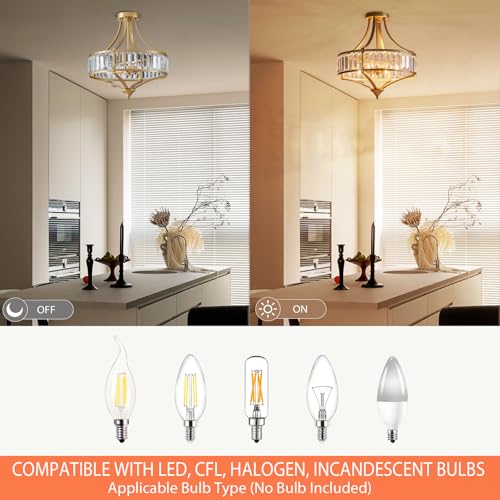 Modern Gold Crystal Chandelier 4 Lights Semi Flush Mount Ceiling Light Fixture E12 Base Farmhouse Mid Century Chandelier for Dining Room Bedroom Hallway Entryway Kitchen