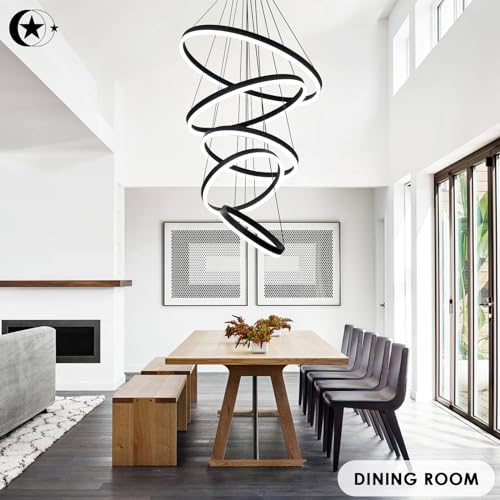 5 Rings Modern LED Chandelier Black Dimmable High Ceiling Chandelier for Dining Room with Remote Control for Foyer Living Room Entryway Staircase