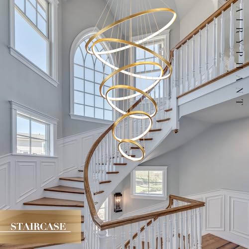 Modern 31" Big LED Chandeliers for High Ceiling 6 Rings Gold Chandeliers with Remote Control Dimmable Large Contemporary Ceiling Pendant Light for Foyer Living Room 3000K (6 Count)