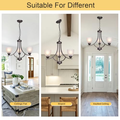 3 Light Shaded Contemporary Chandeliers with Alabaster Glass Oil Rubbed Bronze Modern Light Fixtures Ceiling Hanging Mid Century Pendant Lighting for Dining Room Living Room Hallway Bedroom