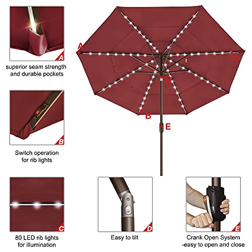 USA 10-Year-Non-Fading 9ft 3-Tier Market Patio Umbrella, Commercial Table Umbrella with 80 Solar LED Lights, Crank Open, Windproof & UPF 50+ UV Protection for Garden, Deck, Pool, Backyard, Burgundy