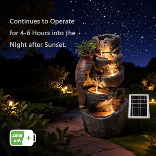 5 Tiers Solar Powered Cascading Rock Jar Water Fountain Outdoor