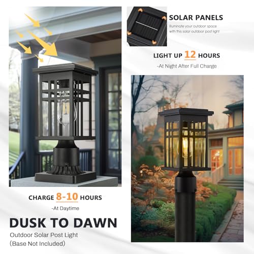 2-Pack 12-Inch Solar Column Light, Clear Glass, Black, 20068-P-2 SL BK