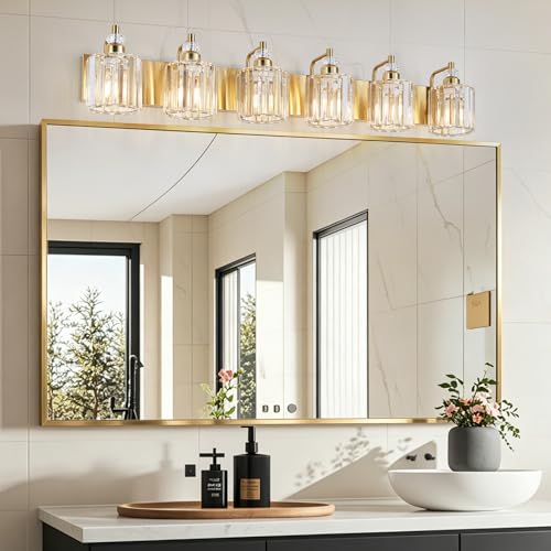 6 Light Modern Vanity Lights Brushed Brass Bathroom Light Fixtures Over Mirror Gold Bathroom Vanity Lighting with Crystal Shade E26 Base Wall Sconce for Bedroom Living Room Restroom Wall Lamp