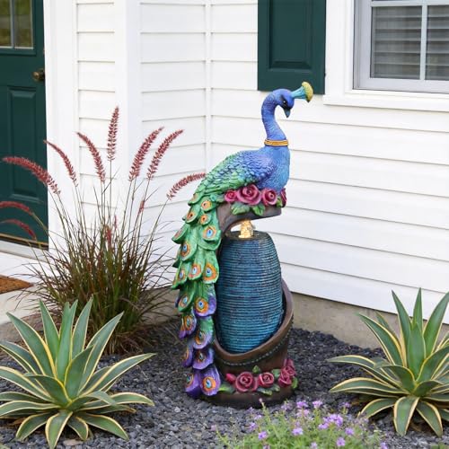 32" Peacock Sculpture Waterfall Fountain Indoor with LED Lights