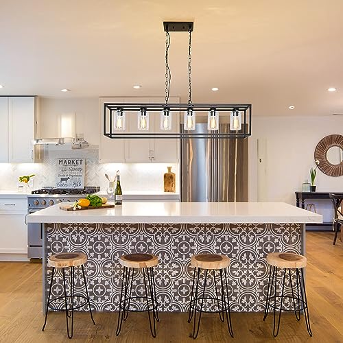 6 Light Black Kitchen Island Lighting with Clear Glass Shade