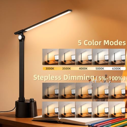 Small Desk Lamp with USB C Charging Port 5 Colors Stepless Dim Black (Matte Black / Compact)