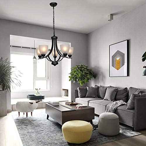 5 Light Shaded Contemporary Chandeliers with Alabaster Glass Black Rustic Light Fixtures Ceiling Hanging Mid Century Modern Pendant Lighting for Dining Room Foyer Bedroom Living Room