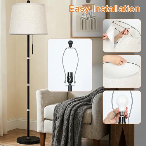 Upgraded】 Modern Black Floor Lamp 63in Standing Lamp for Living Room Bedroom Office 3 Way Brightness Dimmable Tall Pole Light with Beige Linen Shade Metal Shade 8W 3000K LED Bulb Included