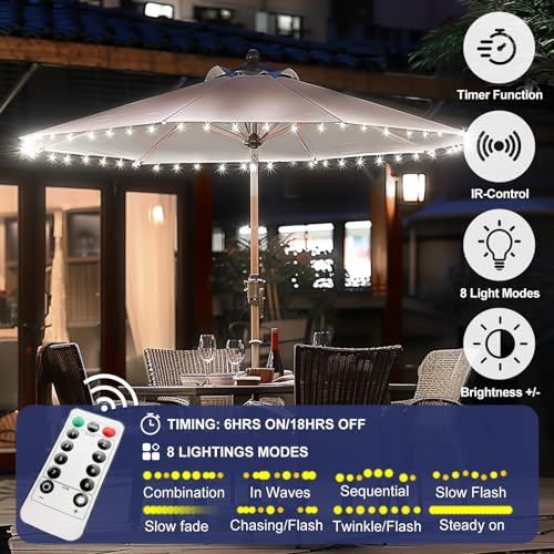 Patio Umbrella Lights Cordless LED Market Table Umbrella Lights with Remote Control Battery Operated Waterproof Parasol String Lights (45 Count)