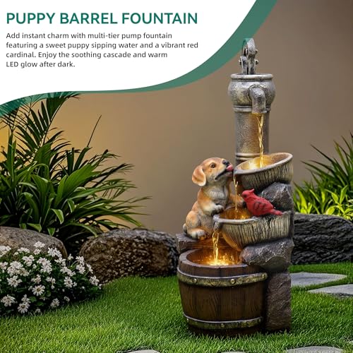 30" Puppy & Red Bird Outdoor Fountain