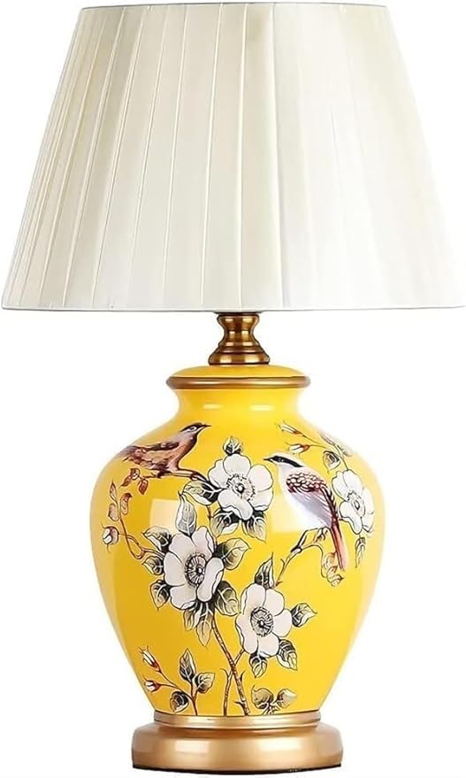 Chinese Simplicity Yellow Ceramic Home Decoration Table Lamp Classic Garden Ginger Jar Desktop Light Fabric Lampshade Modern Simple Bedroom Bedside Desk Lamp Porcelain Table Lamp