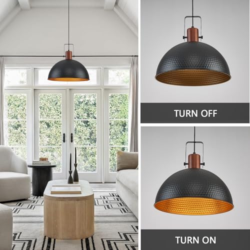 16 Inch Black Pendant Lights Hammered Matte Pendant Lights for Kitchen Island Industrial Farmhouse Adjustable Height Dome Hanging Light Fixtures for Barn