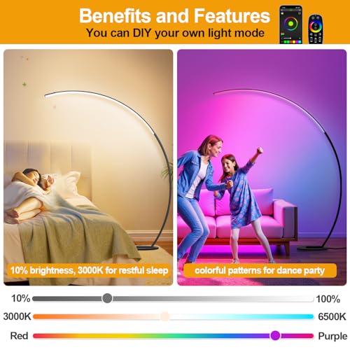 RGB Dimmable Arc Floor Lamps with 3 Color Temperatures