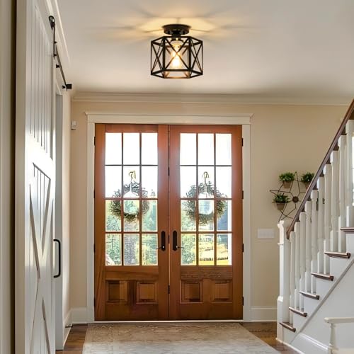 Black Modern Farmhouse Metal Semi Flush Mount Ceiling Light Fixture 9.5 in