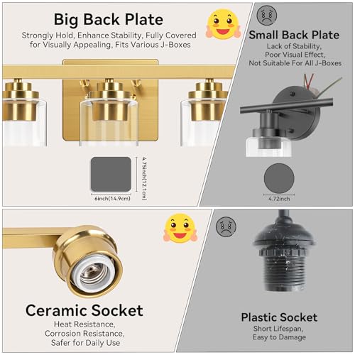 19" Gold Modern Vanity Lights Over Mirror with Clear Glass Shades